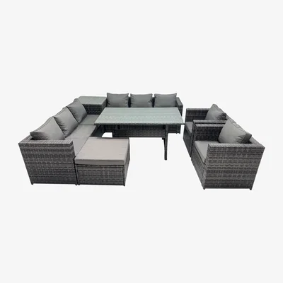 The Range Fimous 9-Seater Outdoor PE Rattan Corner Sofa and Dining Set, Dark Grey. - Dark Grey