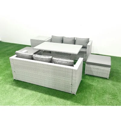 The Range Fimous 8-Seater PE Rattan Outdoor Sofa and Dining Set with Galvanized Steel Frame. - Light Grey Mixed