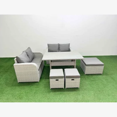 The Range Fimous 7-Seater Outdoor Love Sofa Rattan Garden Furniture Set with Rectangular Table, Light Grey. - Light Grey