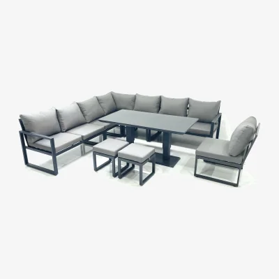 The Range Fimous 10-Seater Outdoor Aluminum Corner Sofa Garden Set with Rising Tempered Glass Table. - Dark Grey
