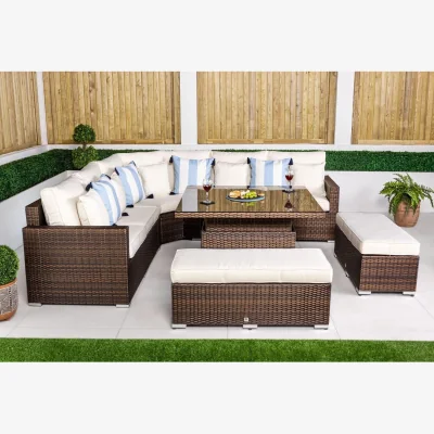 The Range Santorini Corner Sofa Rattan Garden Furniture Set w/ Adjustable Table - Brown