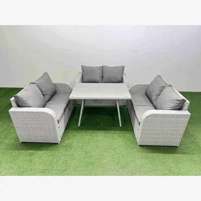 The Range Fimous Rattan Garden Furniture 6-Seater Patio Set Love Sofa and Table - Light Grey