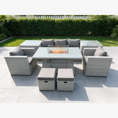 The Range Rattan Garden Furniture Set Gas Fire Pit Lounge Sofa Chair Dining Set - Light Grey Mixed