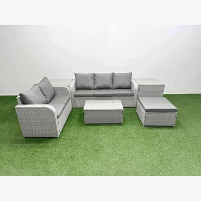 The Range Fimous 6-Seater PE Rattan Wicker Garden Furniture Set with 3-Seater Sofa, Love Sofa and Tables. - Light grey PE rattan with dark grey fabric