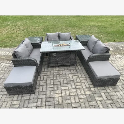 The Range Fimous Rattan Outdoor Garden Sofa Dining Set with Gas Fire Pit and 3 Love Sofas. - Dark Grey