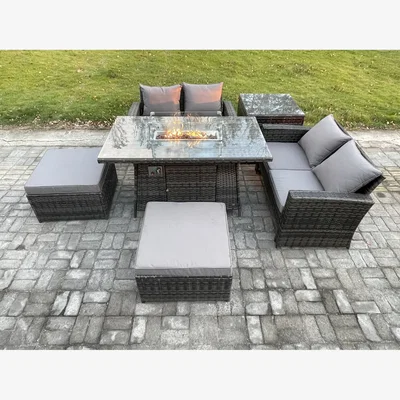 The Range Fimous 6-Seater Rattan Garden Furniture Set with Gas Fire Pit and 2 Two-Seater Sofas. - Dark grey mixed rattan with dark grey fabric