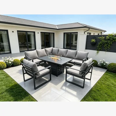 The Range Fimous 8-Seater Aluminum Outdoor Corner Sofa with Gas Fire Pit - Dark Grey