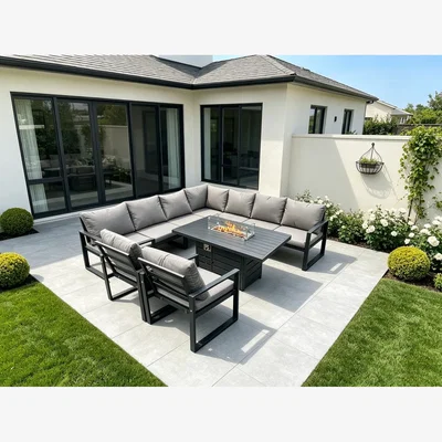 The Range Fimous Aluminum Outdoor 9-Seater Garden Corner Sofa and Gas Fire Pit Dining Set. - Dark Grey