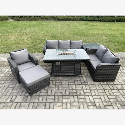 The Range Fimous Garden Patio Wicker Rattan Gas Fire Pit Table and Sofa Chair Set. - Dark Grey