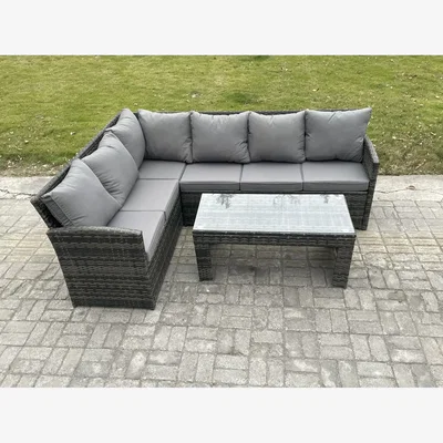 The Range Fimous 6-Seater Outdoor Rattan Corner Sofa with Oblong Glass Table, Dark Grey - Dark Grey Mixed