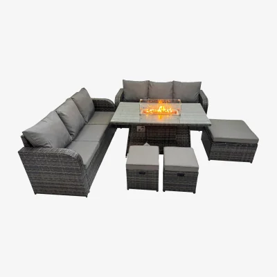 The Range Fimous Garden Outdoor Rattan Furniture Set with Fire Pit Table (2 x 3-Seater Sofas, 3 Stools). - Dark grey mixed rattan with dark grey fabric