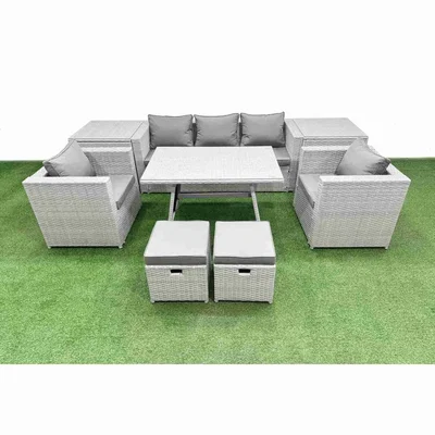 The Range Fimous 9-Piece Outdoor PE Rattan Sofa & Dining Set with Cushions, Light Grey. - Light Grey