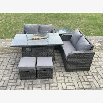 The Range Fimous 6-Piece Rattan Garden Sofa Dining Set with Gas Fire Pit Dark Grey Mixed - Dark Grey