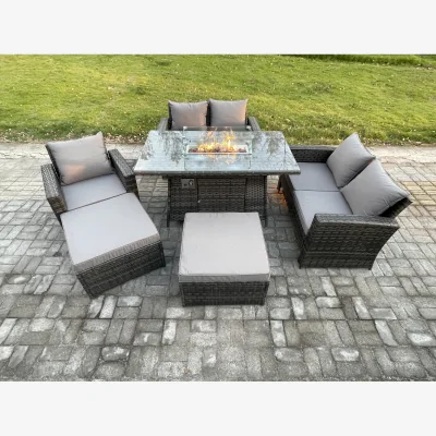 The Range Fimous 7-Seater Rattan Garden Set with Gas Fire Pit Table and Sofas - Dark grey mixed rattan with dark grey fabric