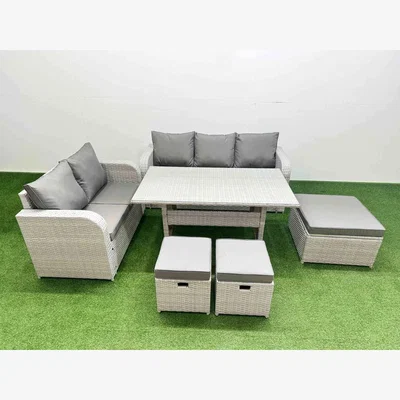 The Range Fimous 8-Seater PE Rattan Wicker Garden Furniture Set with Dining Table and Sofas. - Light Grey