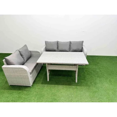 The Range Fimous 5-Seater PE Rattan Garden Sofa & Dining Set with Tempered Glass Table - Light grey PE rattan with dark grey fabric