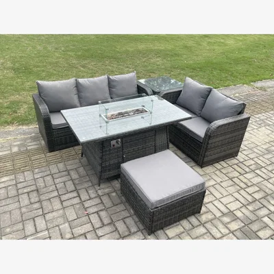 The Range Fimous PE Wicker Outdoor Rattan Garden Furniture Set with Propane Gas Fire Pit Table and Sofas - Dark Grey