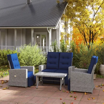 The Range Outsunny 4pc Outdoor Wicker Rattan Garden Furniture Set Sofa, Table - Dark Blue