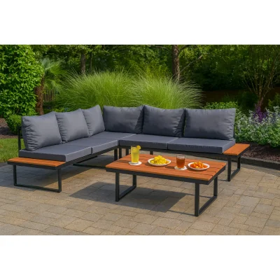 The Range L Shape Corner Sofa Garden Furniture Set With Table And Cushions - Black