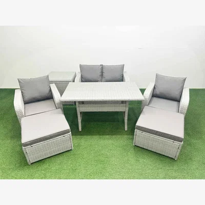 The Range Fimous Light Grey PE Wicker Rattan 6-Seater Garden Sofa & Dining Set. - Light Grey