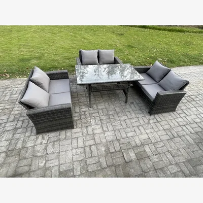 The Range Fimous 6-Seater Rattan Wicker Garden Furniture Set with Dining Table and Double Seat Sofas. - Dark grey mixed rattan with dark grey fabric