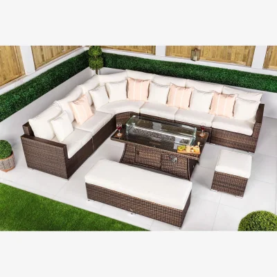 The Range Santorini Corner Sofa Rattan Garden Furniture Set with Fire Pit Table - Brown