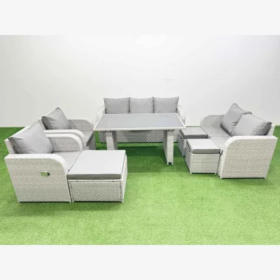 The Range Fimous 10-Seater PE Rattan Garden Sofa and Dining Set with Tempered Glass Table, Light Grey. - Light Grey