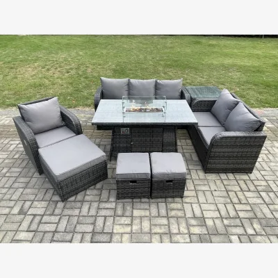 The Range Fimous 9-Seater Garden Patio Wicker Rattan Set with Gas Fire Pit Table, Sofa and Chairs - Dark Grey