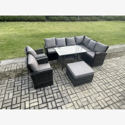 The Range Fimous High Back 9-Seater Outdoor Rattan Corner Sofa and Dining Table Set Dark Grey Mixed. - Dark grey mixed rattan with dark grey fabric