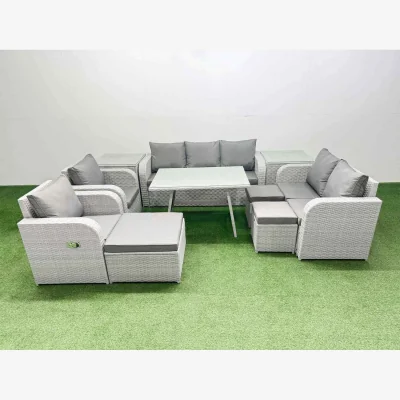 The Range Fimous PE Rattan 10-Seater Outdoor Sofa Dining Set Reclining Chairs Light Grey - Light Grey