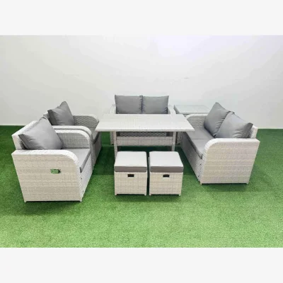 The Range Fimous 8-Seater Outdoor Rattan Sofa & Dining Set with Reclining Chairs, Light Grey - Light Grey Mixed