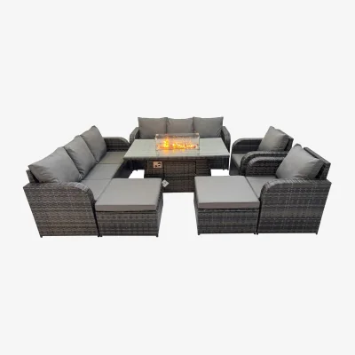 The Range Fimous Outdoor Rattan Furniture Set with Reclining Chairs, 3-Seater Sofas and Fire Pit Table. - Dark Grey Mixed rattan with dark grey fabric