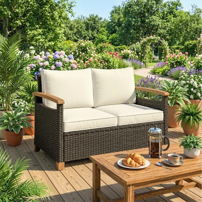 The Range Outsunny 2 Seater Rattan Garden Sofa with Acacia Wood Arms - Brown
