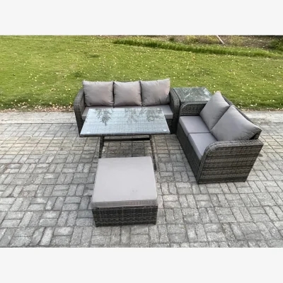 The Range Fimous High Back PE Rattan 6-Seater Outdoor Garden Sofa and Dining Set - Dark grey mixed rattan with dark grey fabric