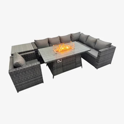 The Range Fimous 7-Seater Rattan Outdoor Corner Sofa with Gas Firepit Dark Grey - Dark Grey