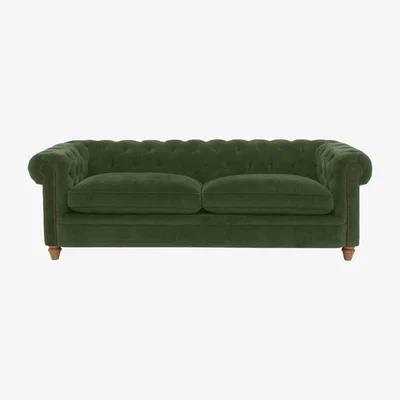 Furniture Village Alexander and James - Chesterfield Collection Ralph 4 Seater Fabric Sofa - Highland Green with Studs - Oak Feet