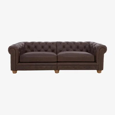 Furniture Village Alexander and James - Chesterfield Collection Hugo 4 Seater Split Frame Leather Sofa - Satchel Nutmeg with Studs - Oak Feet