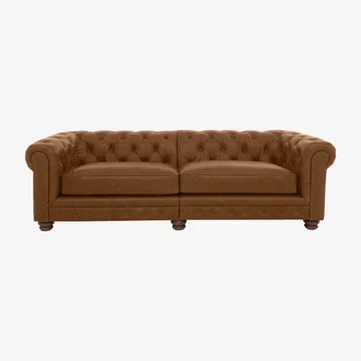 Furniture Village Alexander and James - Chesterfield Collection Hugo 4 Seater Split Frame Leather Sofa - Satchel Latte with Studs - Dark Feet