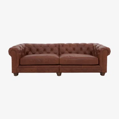 Furniture Village Alexander and James - Chesterfield Collection Hugo 4 Seater Split Frame Leather Sofa - Satchel Pepper with Studs - Dark Feet