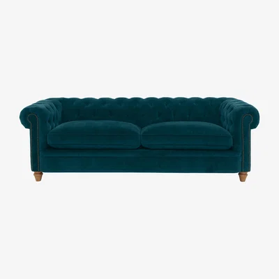 Furniture Village Alexander and James - Chesterfield Collection Ralph 4 Seater Fabric Sofa - Chamonix Teal - Oak Feet with Studs