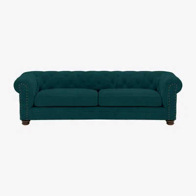 Furniture Village Alexander and James - Chesterfield Collection Hugo 4 Seater Fabric Sofa - Peacock with Studs - Dark Feet