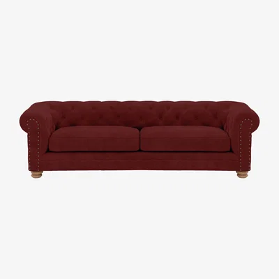 Furniture Village Alexander and James - Chesterfield Collection Hugo 4 Seater Fabric Sofa - Cranberry with Oak Feet St
