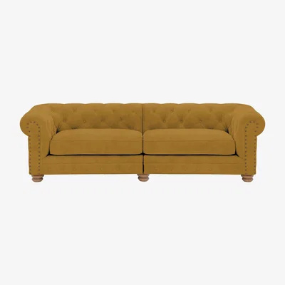 Furniture Village Alexander and James - Chesterfield Collection Hugo 4 Seater Split Frame Fabric Sofa - Turmeric with Studs - Oak Feet
