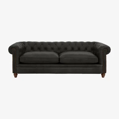Furniture Village Alexander and James - Chesterfield Collection Ralph 4 Seater Leather Sofa - Saxon with Studs - Dark Feet