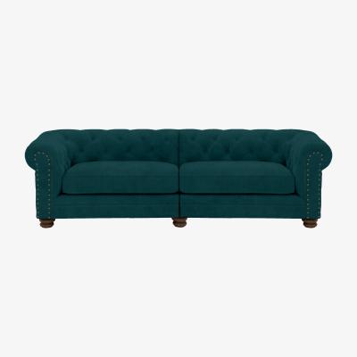 Furniture Village Alexander and James - Chesterfield Collection Hugo 4 Seater Split Frame Fabric Sofa - Peacock with Studs - Dark Feet