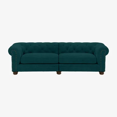 Furniture Village Alexander and James - Chesterfield Collection Hugo 4 Seater Split Frame Fabric Sofa - Peacock with Studs - Dark Feet
