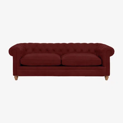 Furniture Village Alexander and James - Chesterfield Collection Ralph 4 Seater Fabric Sofa - Cranberry with Oak Feet