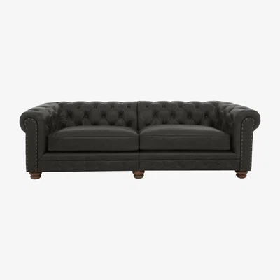 Furniture Village Alexander and James - Chesterfield Collection Hugo 4 Seater Split Frame Leather Sofa - Saxon with Studs - Dark Feet