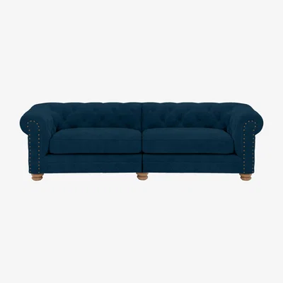 Furniture Village Alexander and James - Chesterfield Collection Hugo 4 Seater Split Frame Fabric Sofa - Teal - Oak Feet with Studs