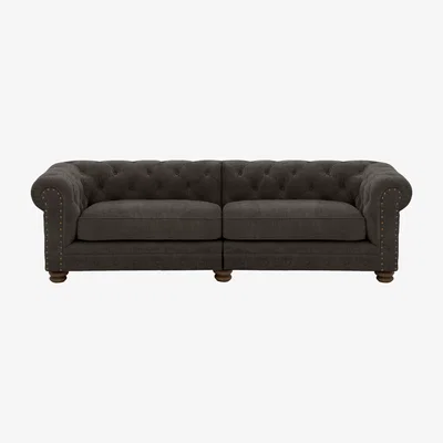 Furniture Village Alexander and James - Chesterfield Collection Hugo 4 Seater Split Frame Fabric Sofa - Linen Grey with Studs - Dark Feet